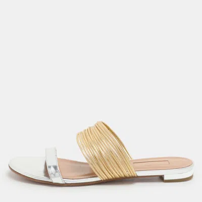 Pre-owned Aquazzura Silver/gold Leather Rendez Vous Flat Slides Size 37