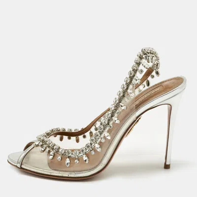 Pre-owned Aquazzura Silver/transparent Leather And Pvc Temptation Slingback Sandals Size 38
