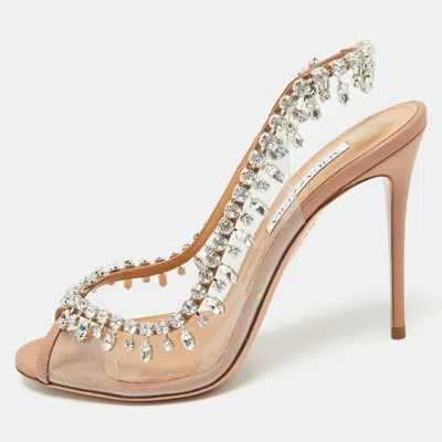 Pre-owned Aquazzura Silver/transperent Leather And Pvc Temptation Peep Toe Pumps Size 39.5