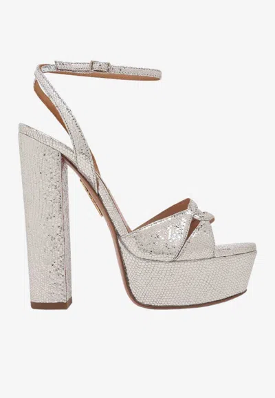 Aquazzura Sinner 140 Platform Sandals In Metallic Nappa Leather In Silver