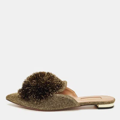 Pre-owned Aquazzura Size 36 Gold Lurex Fabric Puff Pom Pom Mules