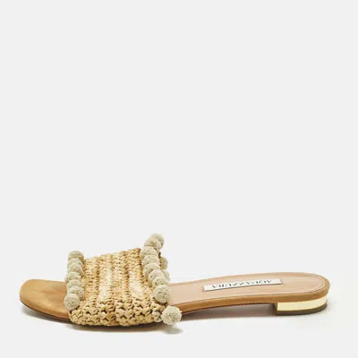 Aquazzura Size 37 Beige Straw Pom-pom Embellishments Flat Slide In Gold