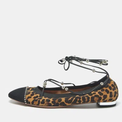 Pre-owned Aquazzura Size 37 Brown/black Leopard Print Suede And Fabric Tie Up Ballet Flats