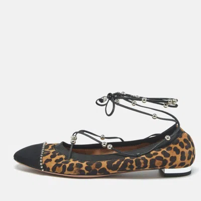 Aquazzura Size 37 Brown/black Leopard Print Suede And Fabric Tie Up Ballet Flats In Multi