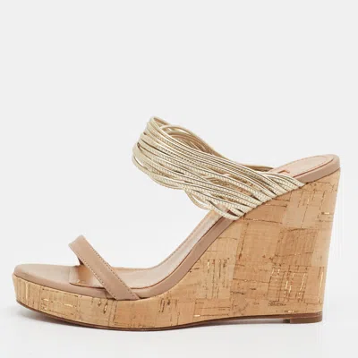 Pre-owned Aquazzura Size 37.5 Gold Leather Cork Wedge Sandals