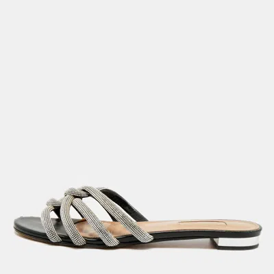 Pre-owned Aquazzura Size 38.5 Black Crystals And Leather Crystal Embellish Flat Slides