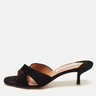 Pre-owned Aquazzura Size 38.5 Black Suede Crisscross Slide Sandals
