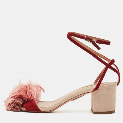 Pre-owned Aquazzura Size 38.5 Tricolor Suede Powder Puff Bow Ankle Strap Sandals