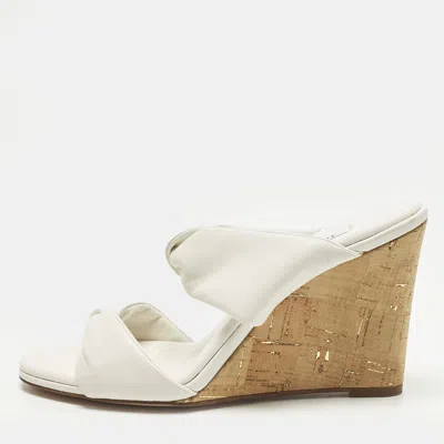 Pre-owned Aquazzura Size 38.5 White Leather Cork Wedge Sandals