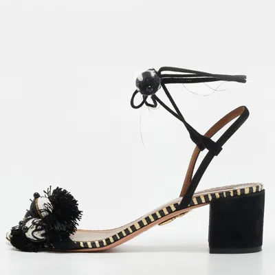 Pre-owned Aquazzura Size 39 Black/white Suede Bead Pom Pom Block Heel Ankle Wrap Sandals