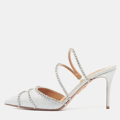 Pre-owned Aquazzura Size 39 Silver Glitter Crystal Embellished Pointed Toe Mules