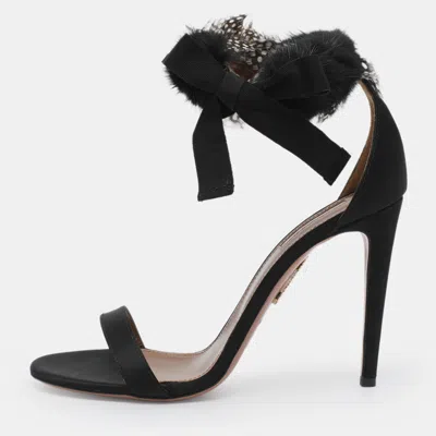 Pre-owned Aquazzura Size 39.5 Black Mink Fur And Satin Ankle Tie Sandals