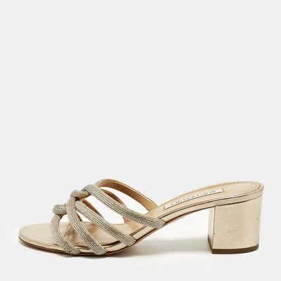 Pre-owned Aquazzura Size 39.5 Gold Leather Crystal Embellished Slide Sandals