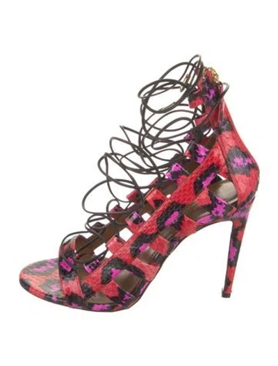 Pre-owned Aquazzura Snakeskin Animal Print Gladiator Sandals In Red