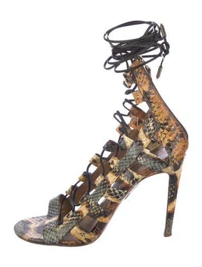 Pre-owned Aquazzura Snakeskin Animal Print Gladiator Sandals In Yellow