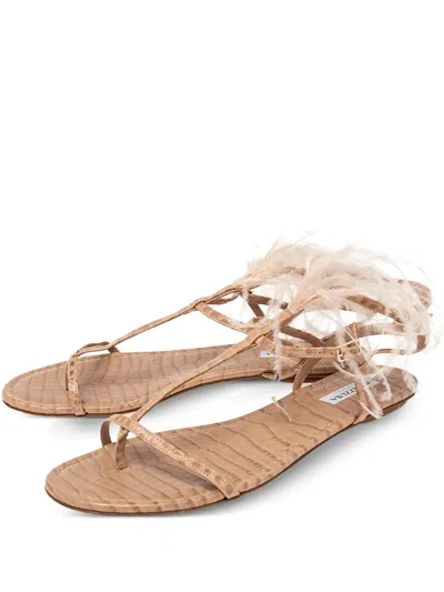Pre-owned Aquazzura Snakeskin Feather-detail Sandals In Neutral