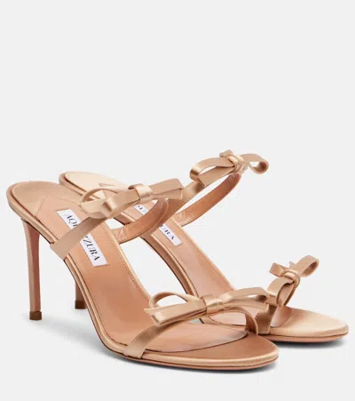 Aquazzura Soave 85 Bow-detail Satin Mules In Sand