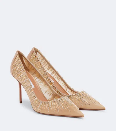 Aquazzura Soft Sky 85 Crystal And Bead-embellished Satin-trimmed Mesh Pumps In Neutral