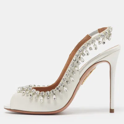 Pre-owned Aquazzura Starburst Size 35 White Satin Slingback Pumps