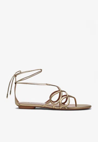 Aquazzura Strappy Metallic Leather Flat Sandals In Gold