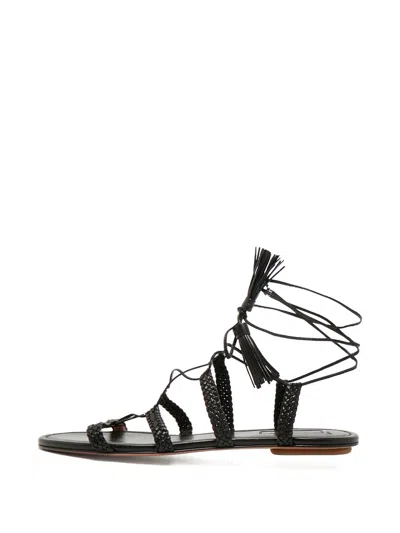 Pre-owned Aquazzura Stromboli Braided Leather Sandals In Black