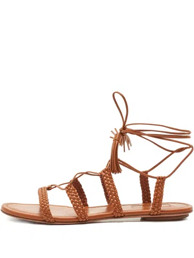 Pre-owned Aquazzura Stromboli Braided-leather Tassel Flat Sandals In Brown