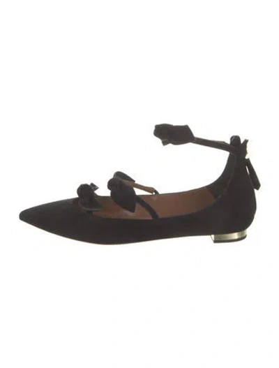 Pre-owned Aquazzura Suede Bow Accents Flats In Black