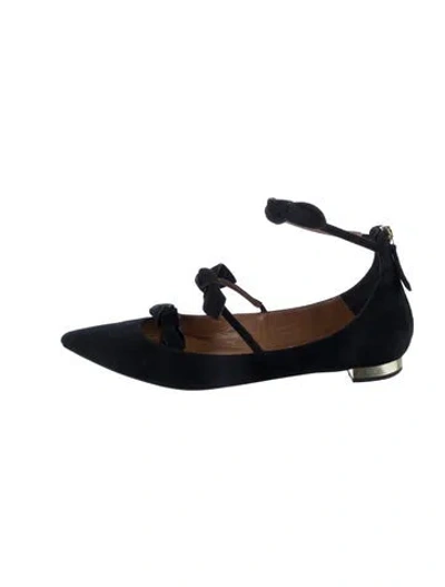 Pre-owned Aquazzura Suede Bow Accents Mary Jane Flats In Black
