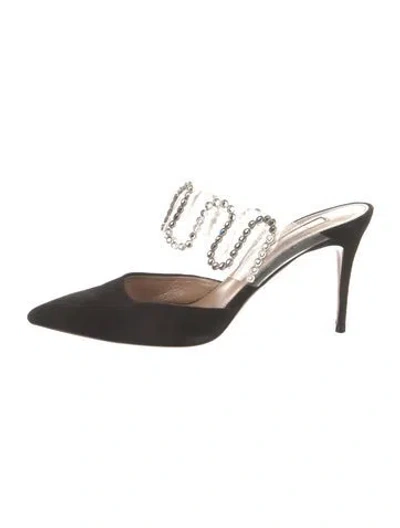Pre-owned Aquazzura Suede Crystal Embellishments Mules In Black