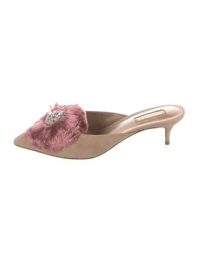 Pre-owned Aquazzura Suede Crystal Embellishments Mules In Neutral