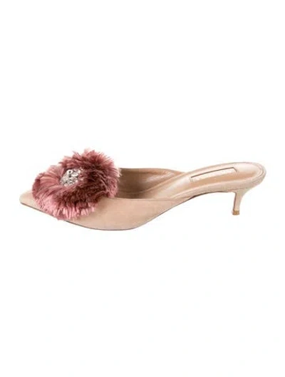 Pre-owned Aquazzura Suede Crystal Embellishments Mules In Neutrals