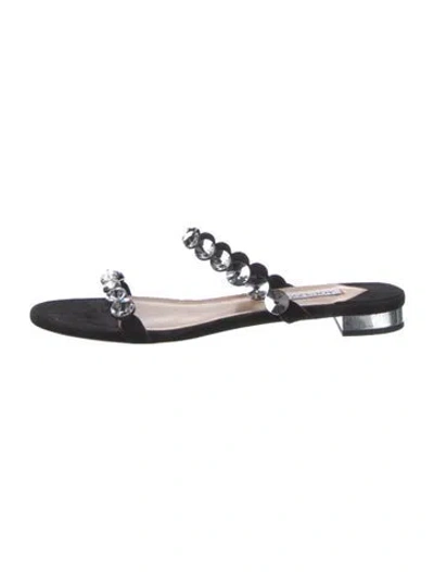 Pre-owned Aquazzura Suede Crystal Embellishments Slides In Black