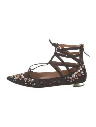 Pre-owned Aquazzura Suede Floral Print Flats In Brown