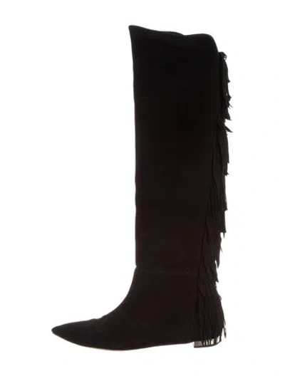 Pre-owned Aquazzura Suede Fringe Trim Accent Boots In Black