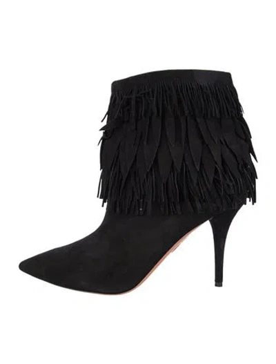 Pre-owned Aquazzura Suede Fringe Trim Accent Boots In Black