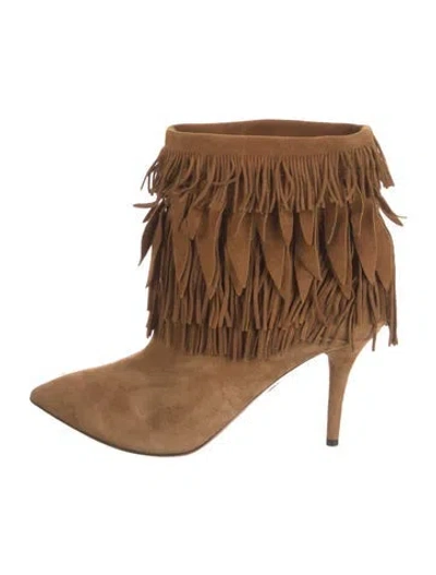 Pre-owned Aquazzura Suede Fringe Trim Accent Boots In Brown