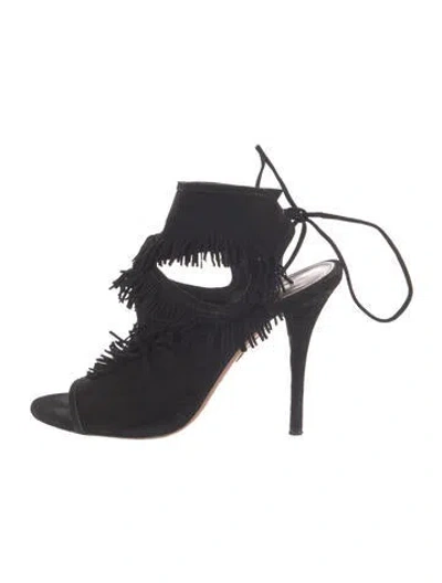 Pre-owned Aquazzura Suede Fringe Trim Accent Gladiator Sandals In Black