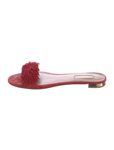 Pre-owned Aquazzura Suede Fringe Trim Accent Slides In Red