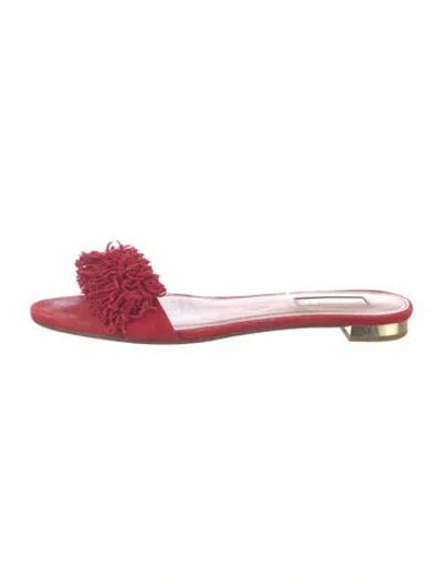 Pre-owned Aquazzura Suede Fringe Trim Accent Slides In Red