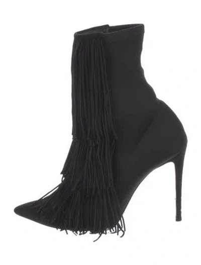 Pre-owned Aquazzura Suede Fringe Trim Accent Sock Boots In Black