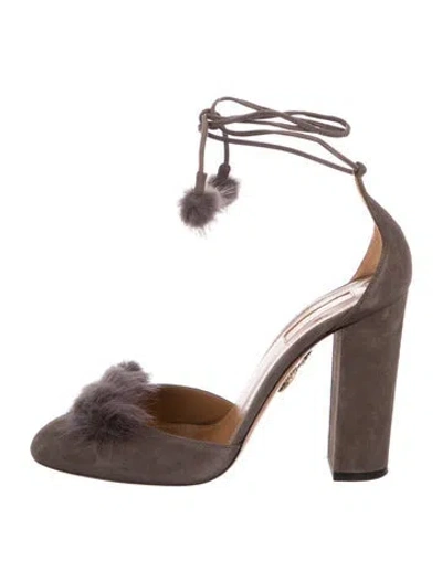 Pre-owned Aquazzura Suede Fur Trim D'orsay Pumps In Gray