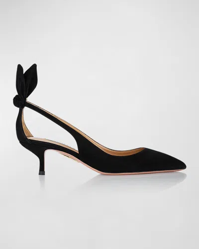 AQUAZZURA SUEDE KNOTTED BOW KITTEN-HEEL PUMPS