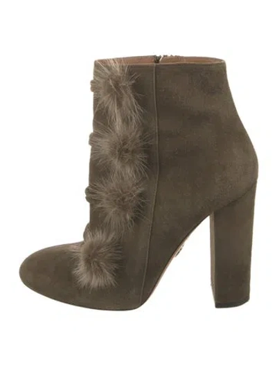 Pre-owned Aquazzura Suede Pom-pom Embellishments Boots In Green
