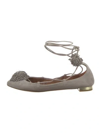 Pre-owned Aquazzura Suede Pom-pom Embellishments Flats In Gray