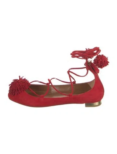 Pre-owned Aquazzura Suede Pom-pom Embellishments Flats W/ Tags In Red
