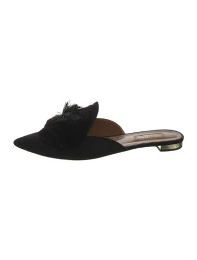 Pre-owned Aquazzura Suede Pom-pom Embellishments Mules In Black