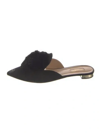 Pre-owned Aquazzura Suede Pom-pom Embellishments Mules In Black