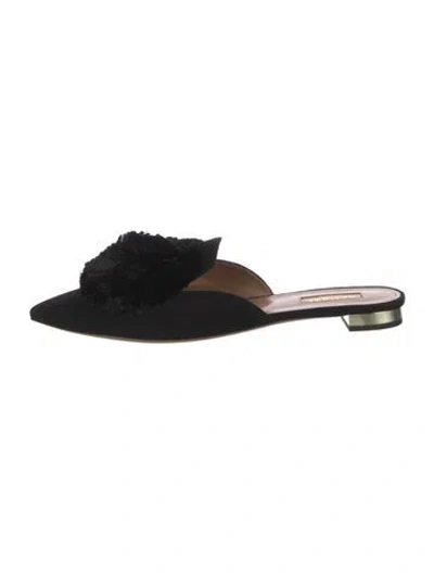 Pre-owned Aquazzura Suede Pom-pom Embellishments Mules In Black