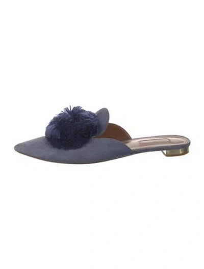 Pre-owned Aquazzura Suede Pom-pom Embellishments Mules In Blue