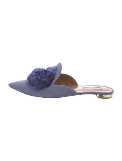 Pre-owned Aquazzura Suede Pom-pom Embellishments Mules In Blue